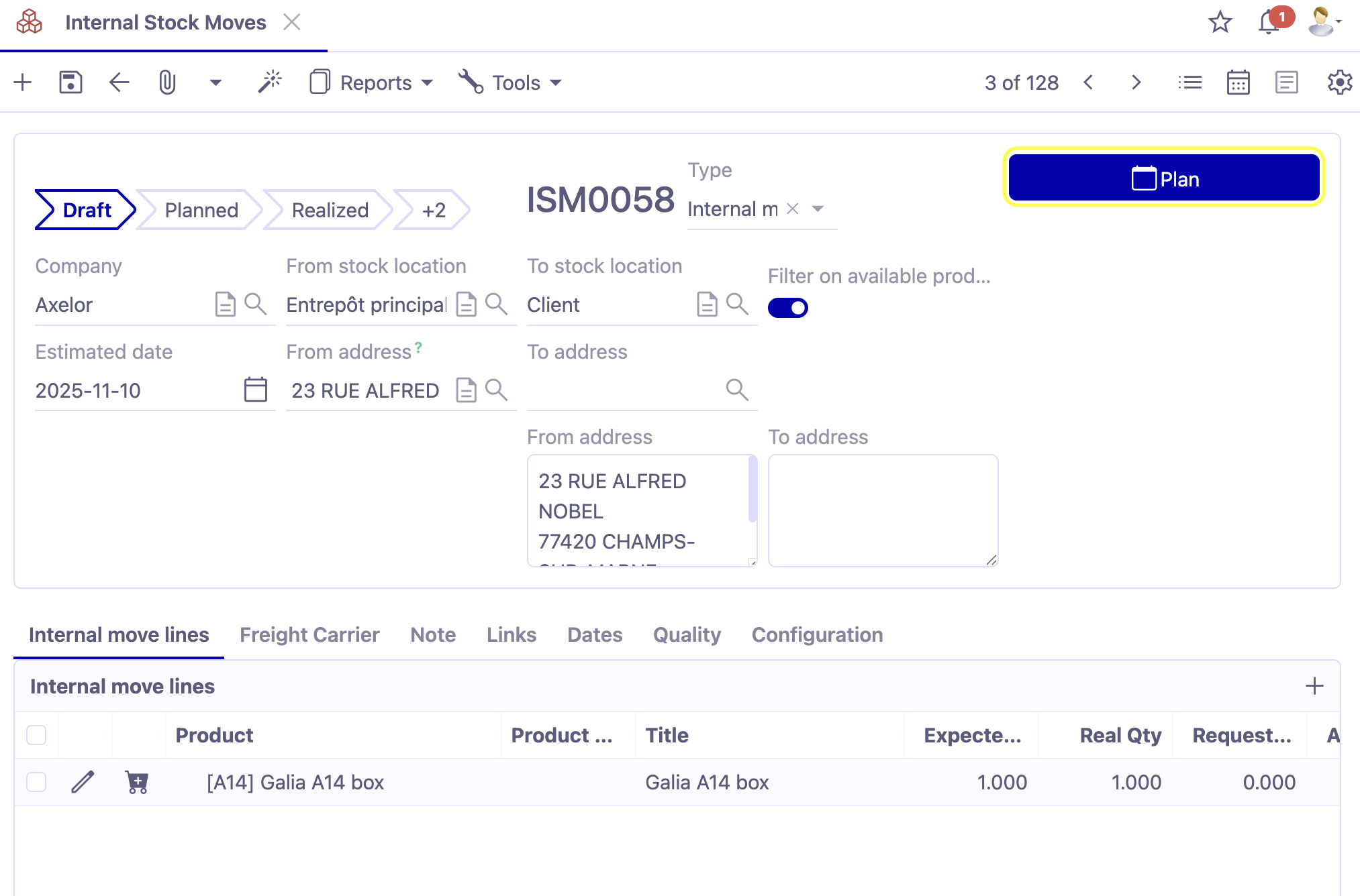 1.1. Access : Stock management → Internal stock moves → click on the Plan button.