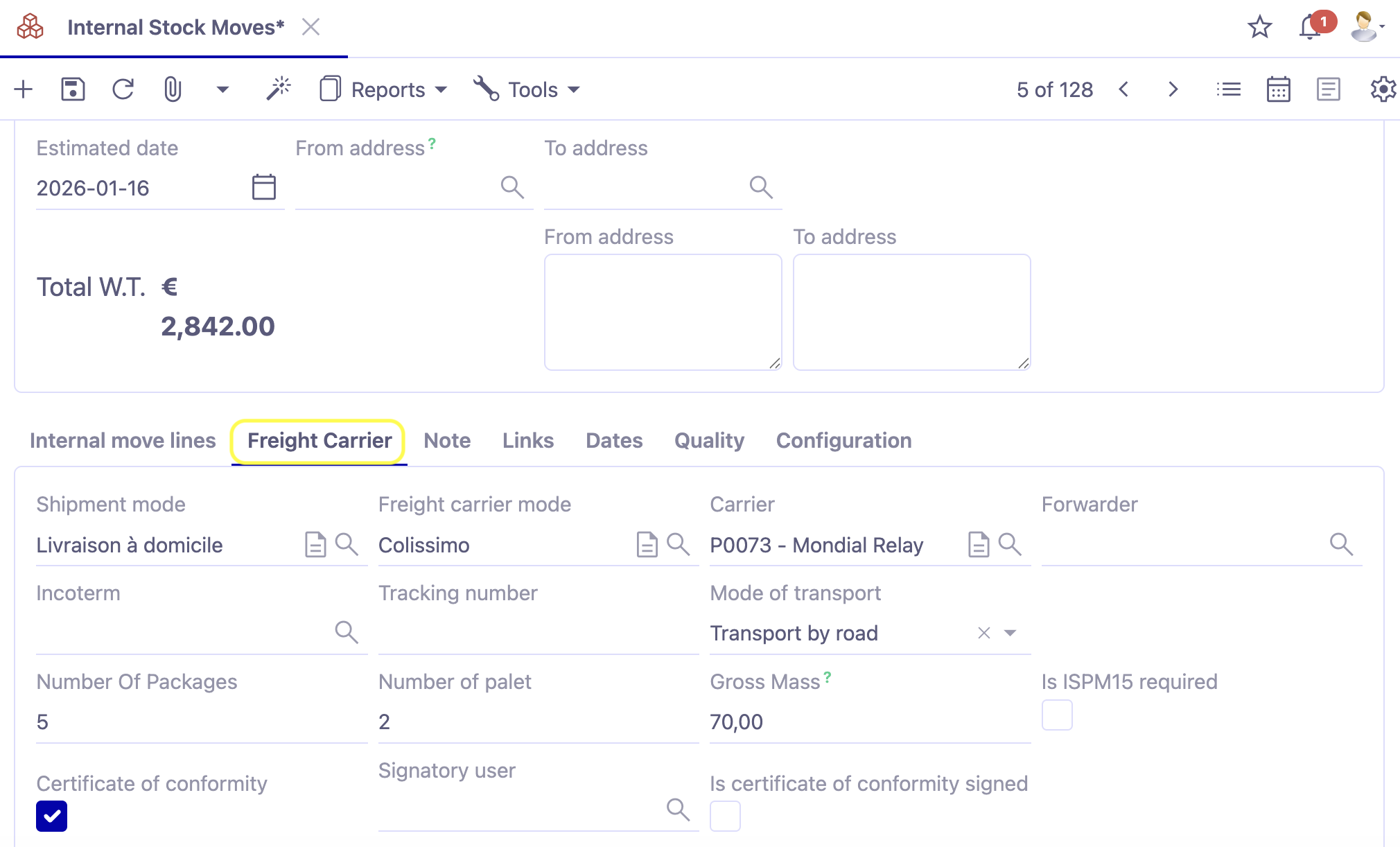 1.1. Access : Stock management → Internal stock moves → open the Freight Carrier tab.