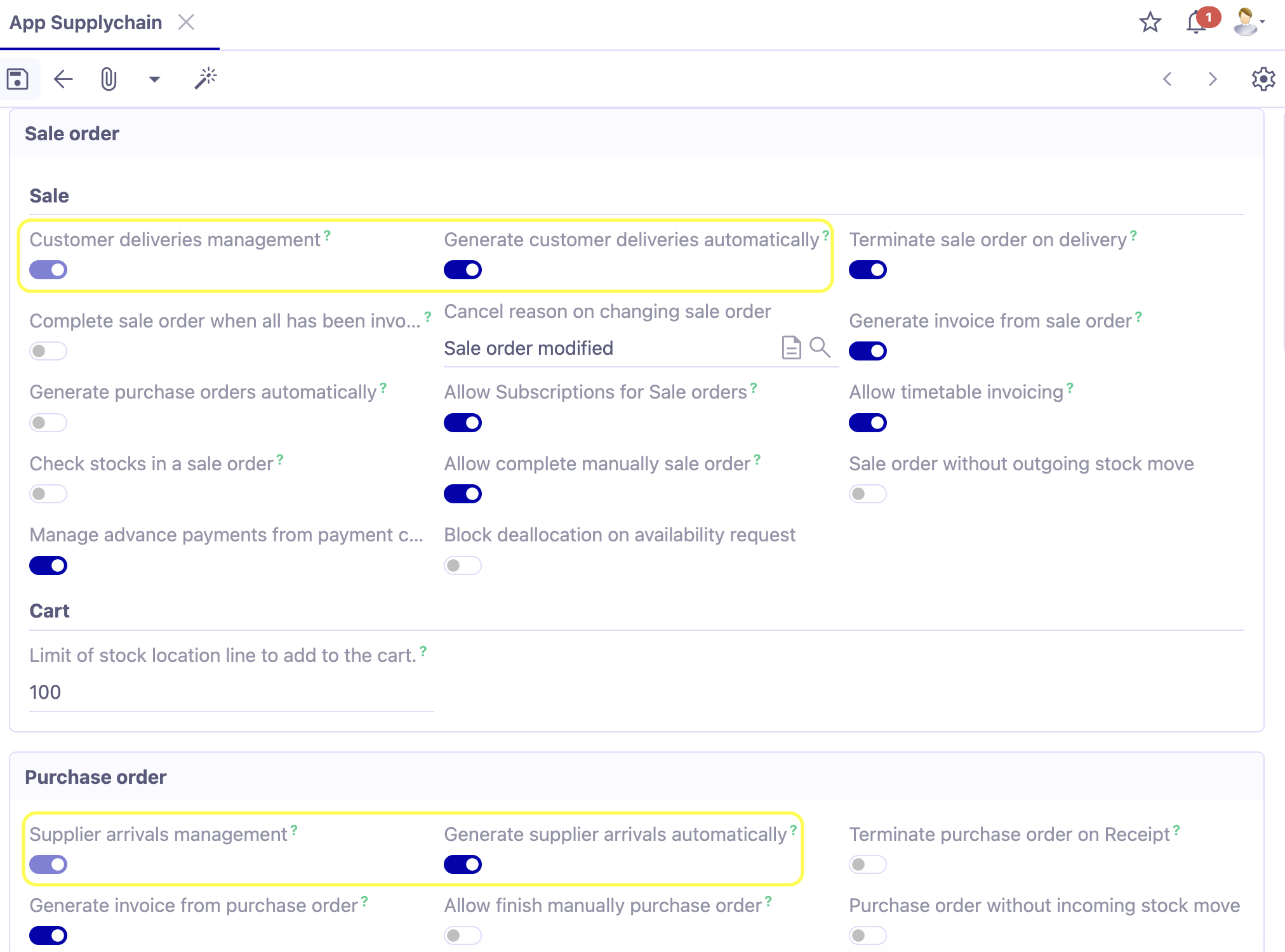 1.1. Supplychain configurations. Access : Application config → Apps management → Supplychain, configure.