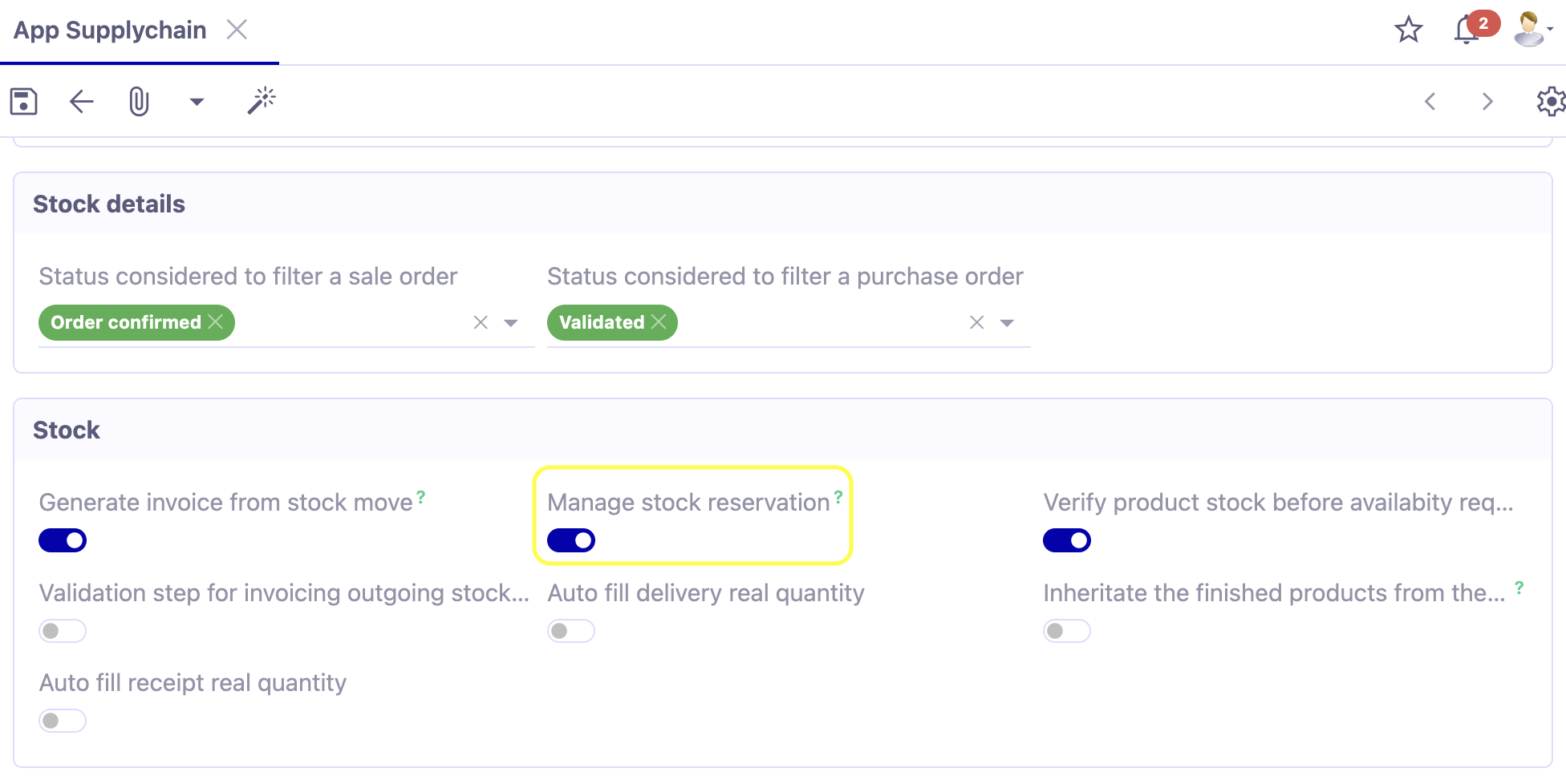 1.1. Access : Application Config → Apps management → Supplychain, configure → enable the ‘Manage stock reservation’ option in the ‘Stock’ section.