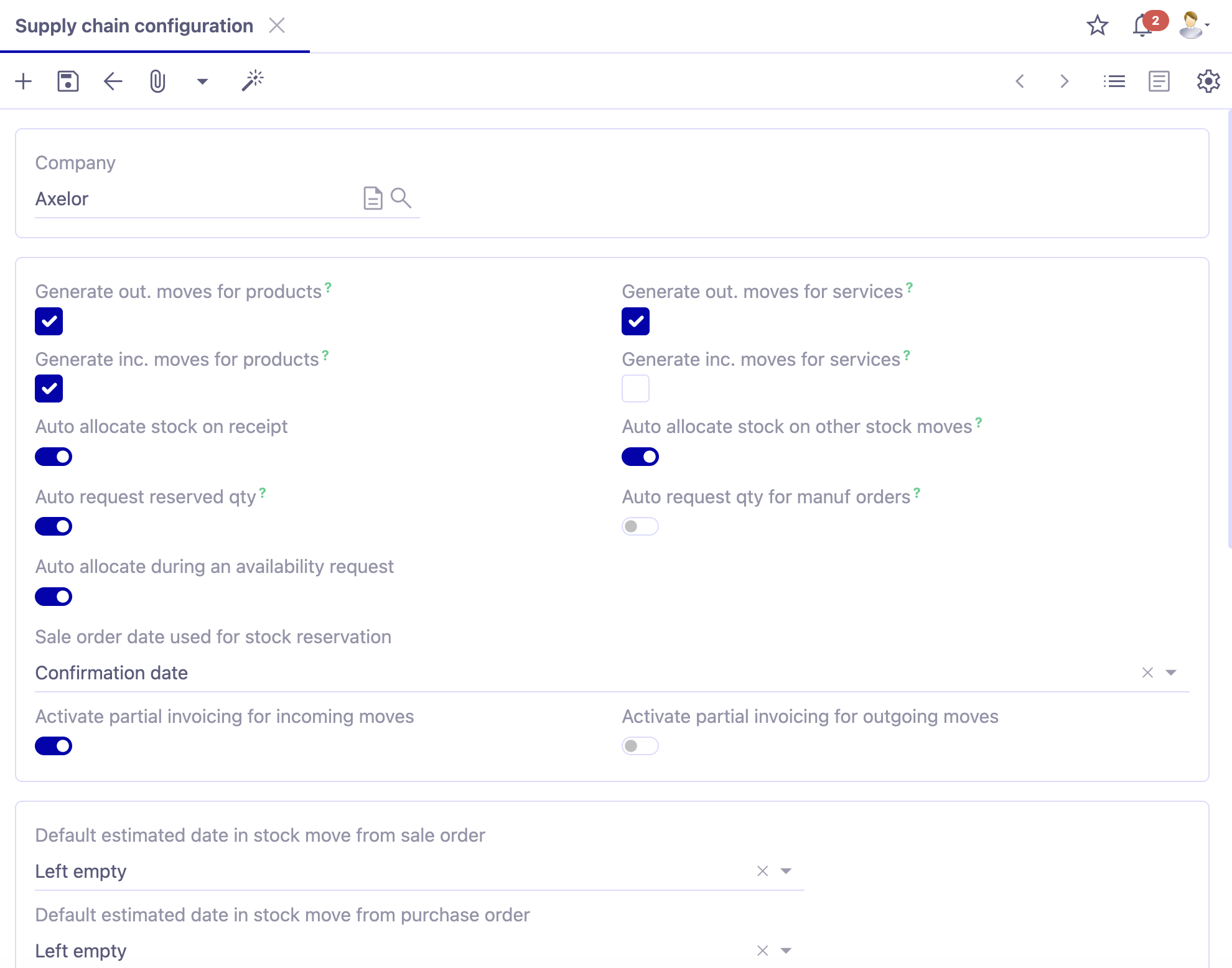 1.1. Access : Application Config → Apps management → Supplychain, configure → click on the Company file to access Supplychain configurations by company.