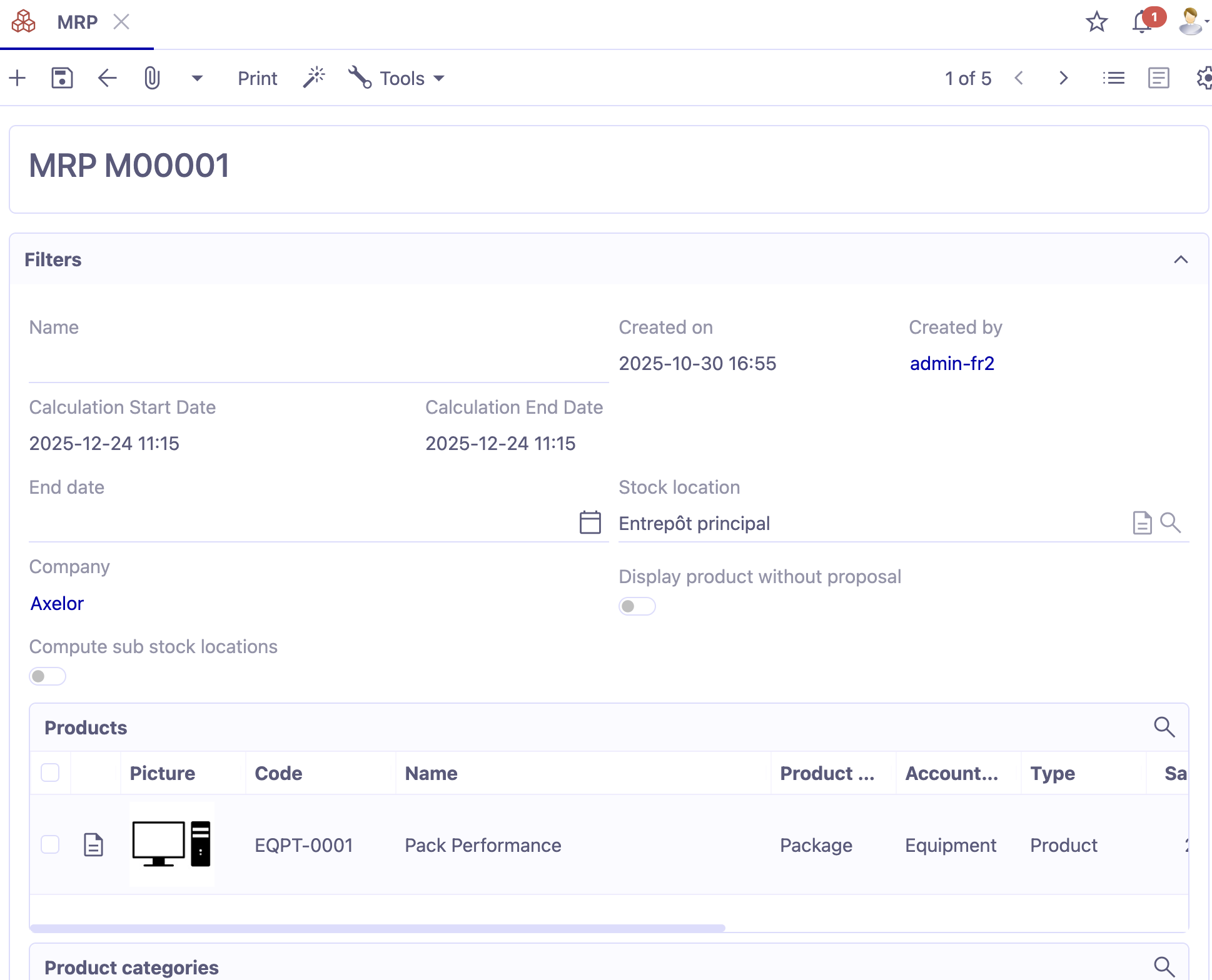 1.1. Access : Stock management → MRP → MRP → New.