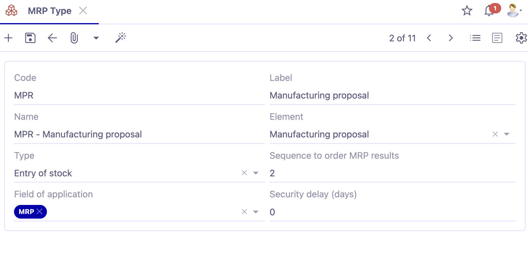 1.1. Access : Stock management → MRP → Configuration → MRP move types.