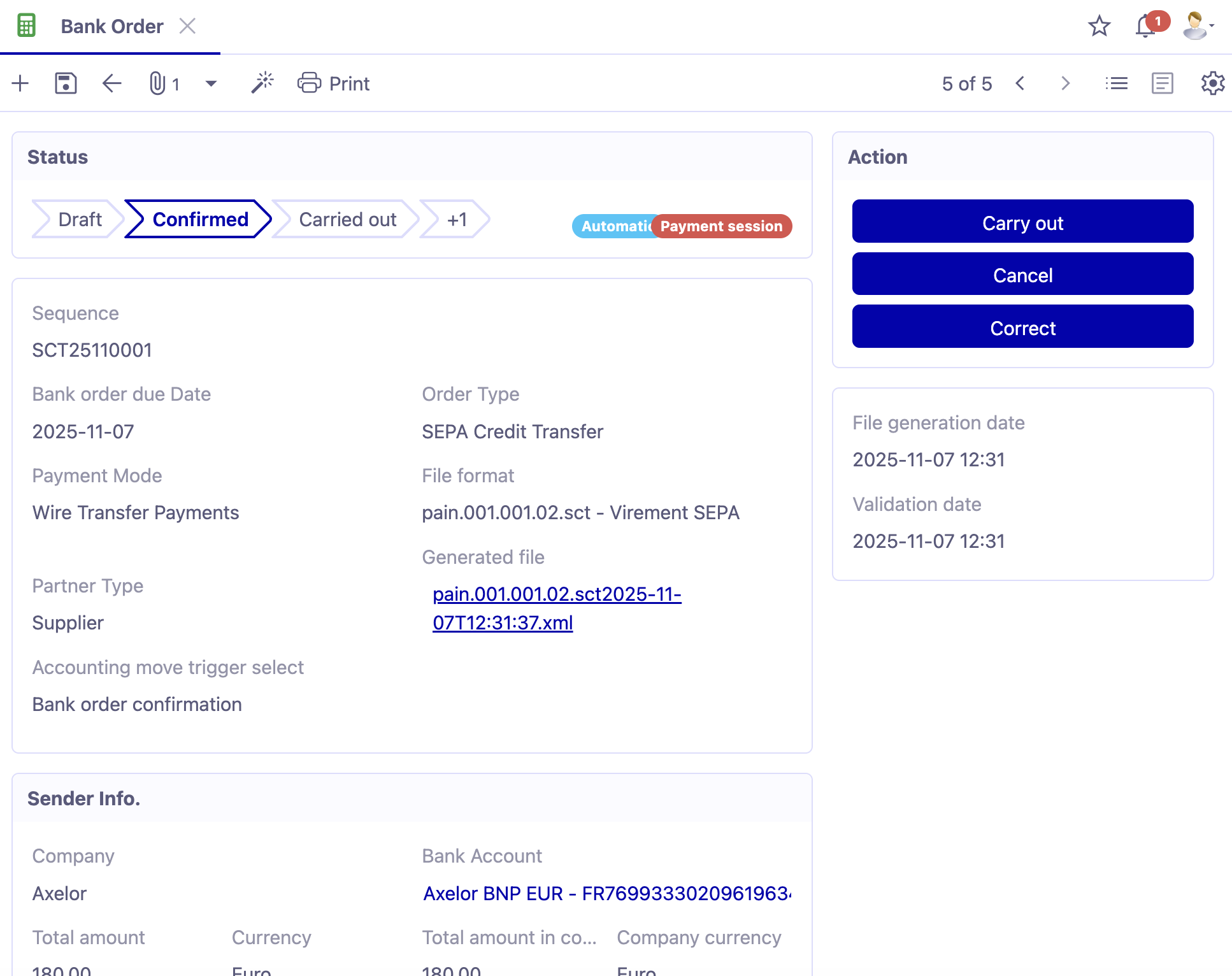 1.1. Access : Accounting → Bank orders → select a bank order.