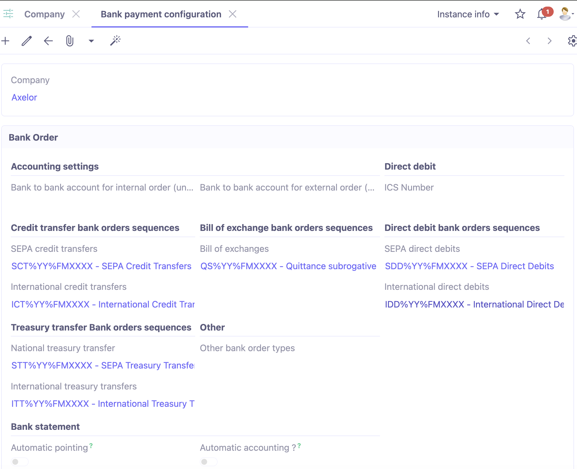 1.1. Bank payment configuration window. Access: Application config → Users/Companies Companies → on a company file, click on the “Bank payment config” button → Bank payment configuration window will open.