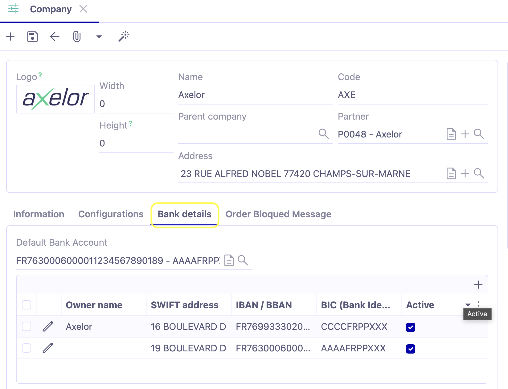 1.1. Bank details tab. Access : Application Config → Users/Company → Companies → on a company file, open the Bank details tab.
