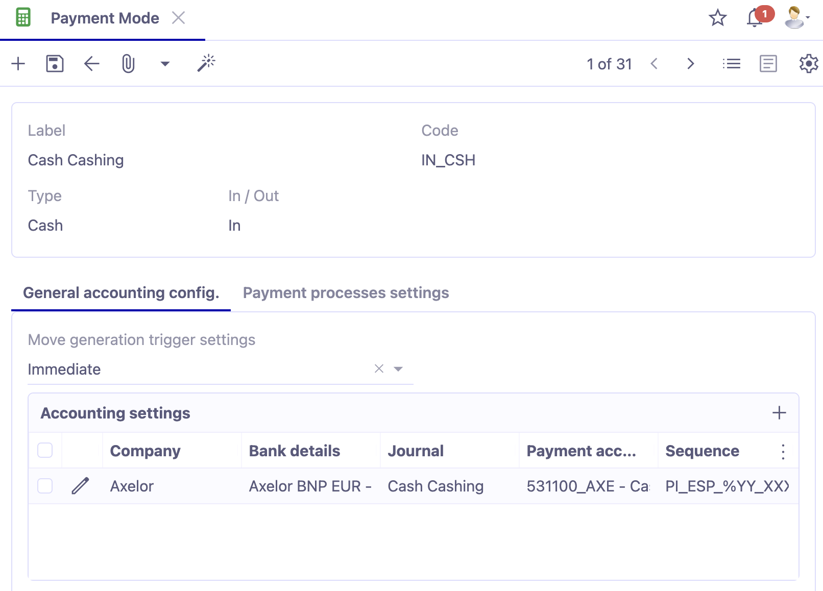 1.1. Access : Accounting → Configuration → Payment → Payment modes → in the list of payment methods, open Cheque cashing.