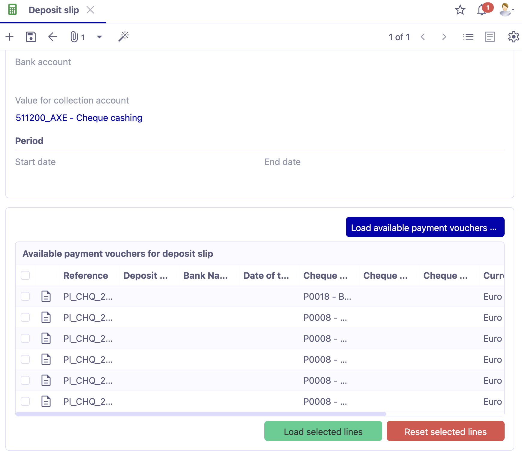 1.1. Access : Accounting → Payment → Deposit slips.