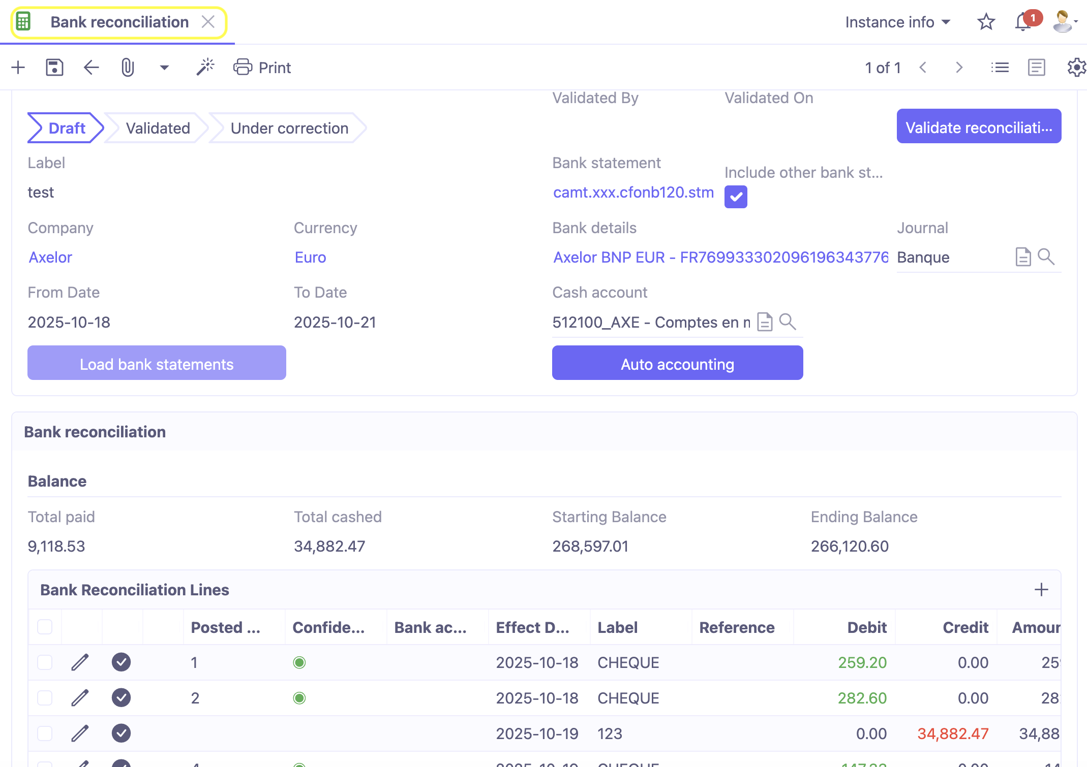 1.1. Access : Accounting → Bank Reconciliations → Bank Reconciliations.