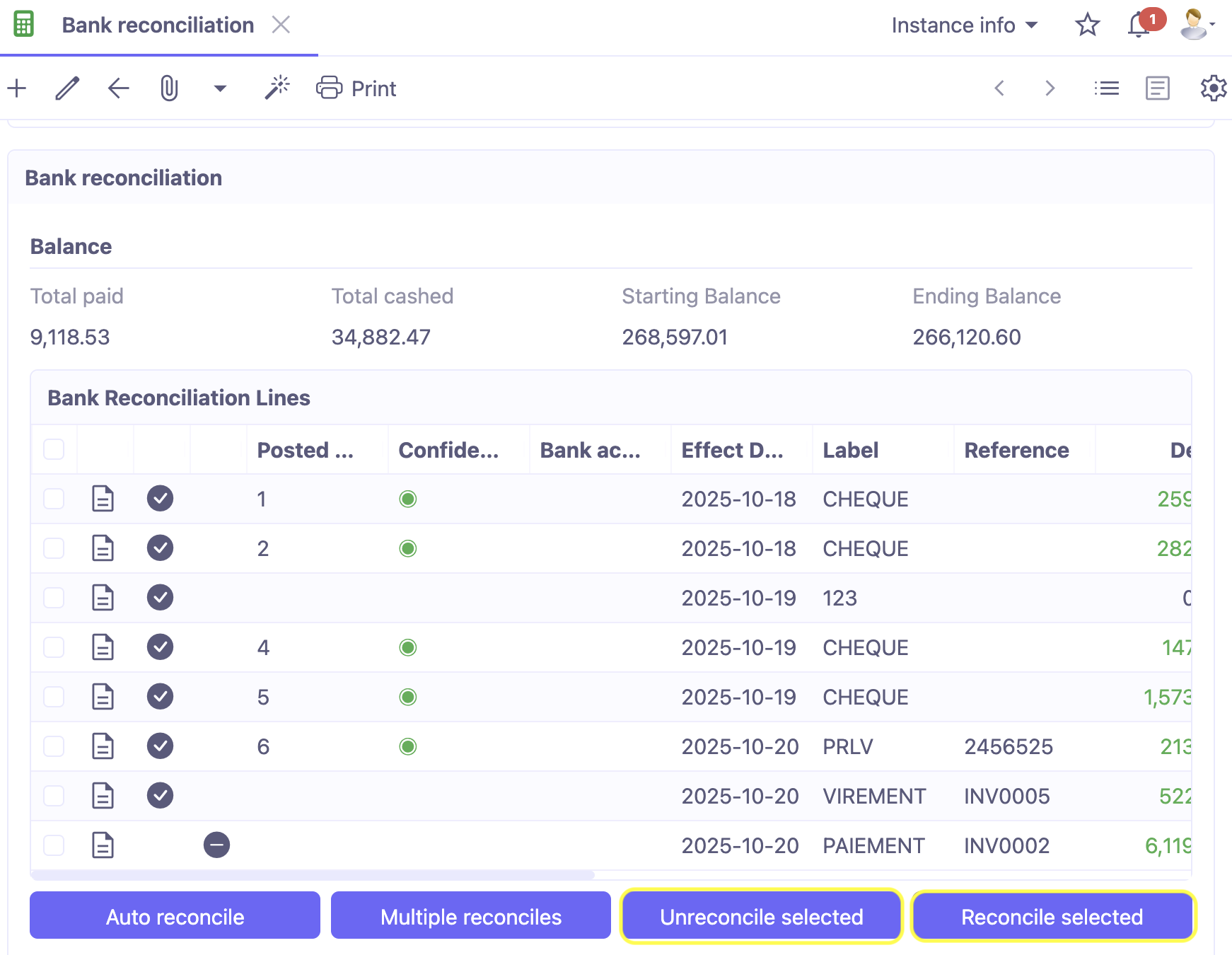 1.1. Use buttons Reconcile and Unreconcile for manual reconciliation and unreconciliation.