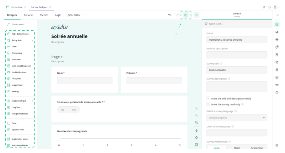 Form designer (SurveyJS Designer).