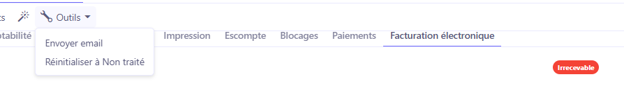 Action « Ré-initialiser à non traité » dans le menu Outils de la fiche facture, disponible après un rejet technique.
