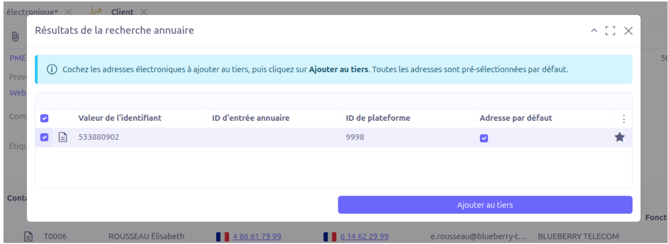 Fenêtre de sélection des résultats de la consultation annuaire : adresses électroniques retournées par la PA.