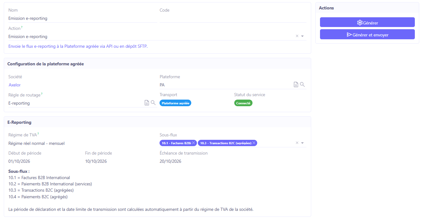 Batch Emission e-reporting avant génération : panneau E-Reporting et boutons Générer et Générer et envoyer.