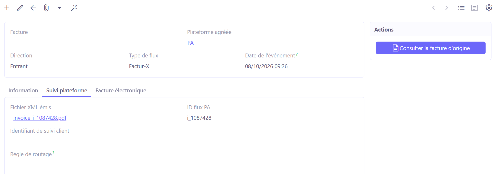 Fiche d'un flux entrant et son bouton Consulter la facture d'origine.