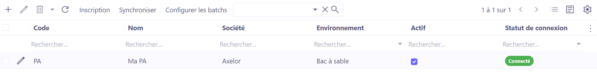 Liste des plateformes agréées et ses boutons Inscription, Synchroniser et Configurer les batchs.