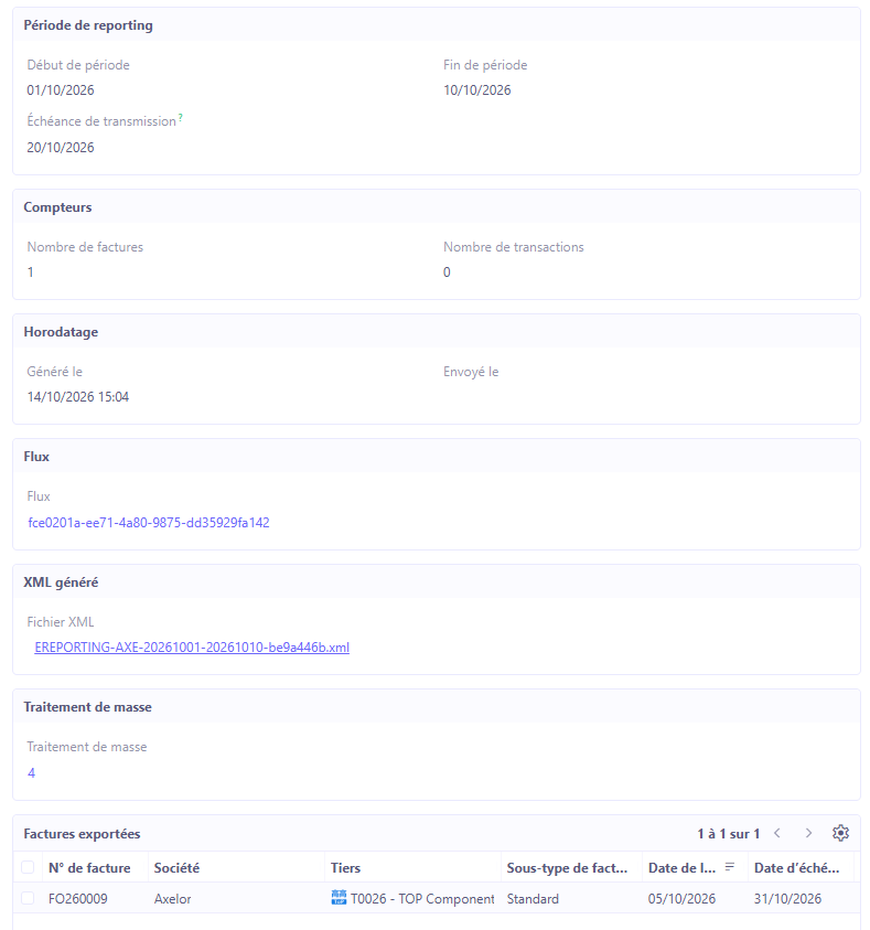 Fiche d'un rapport e-reporting : période, compteurs, horodatage, flux, XML généré et factures exportées.