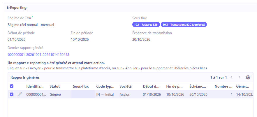 Batch Emission e-reporting après génération : dernier rapport généré, message d'attente et liste des rapports générés.