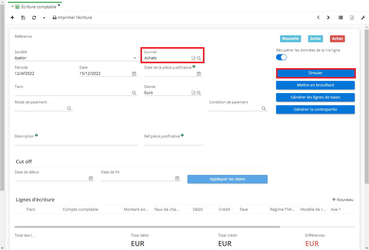 1.9. La fiche de l’écriture comptable. Les écritures simulées ont été activées sur le journal d'Achats. En sélectionnant un Journal d’achat sur la page de l’écriture comptable, le bouton “Simuler” va apparaître ce qui vous permettra par la suite de créer des écritures de simulation.