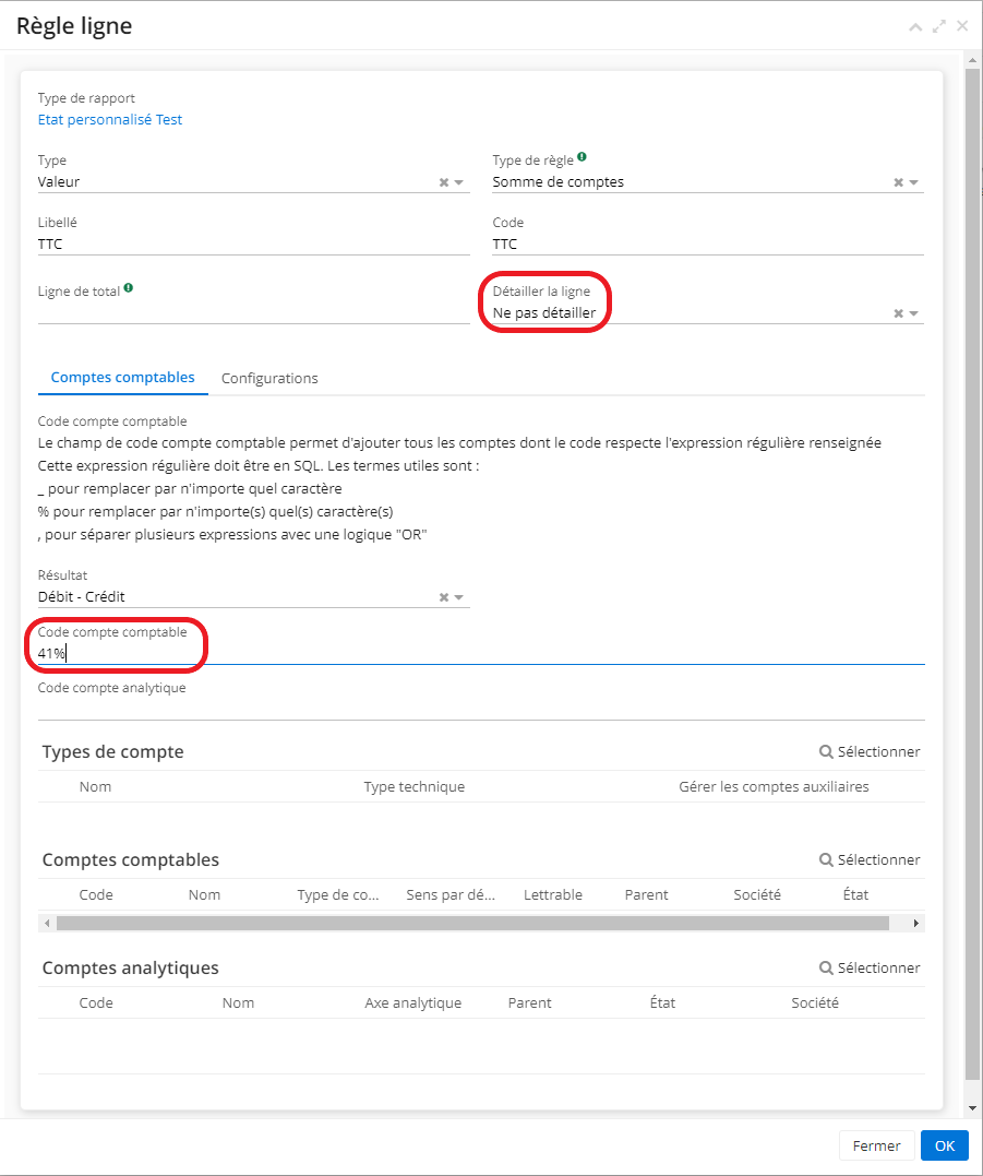 1.1. Renseignez le Code compte comptable, par exemple 41%. Pour que ce champ fonctionne, il est nécessaire de ne pas configurer le champ “Détailler la ligne” ni activer la case “Afficher  les lignes détaillées” sur la fiche de rapport comptable.