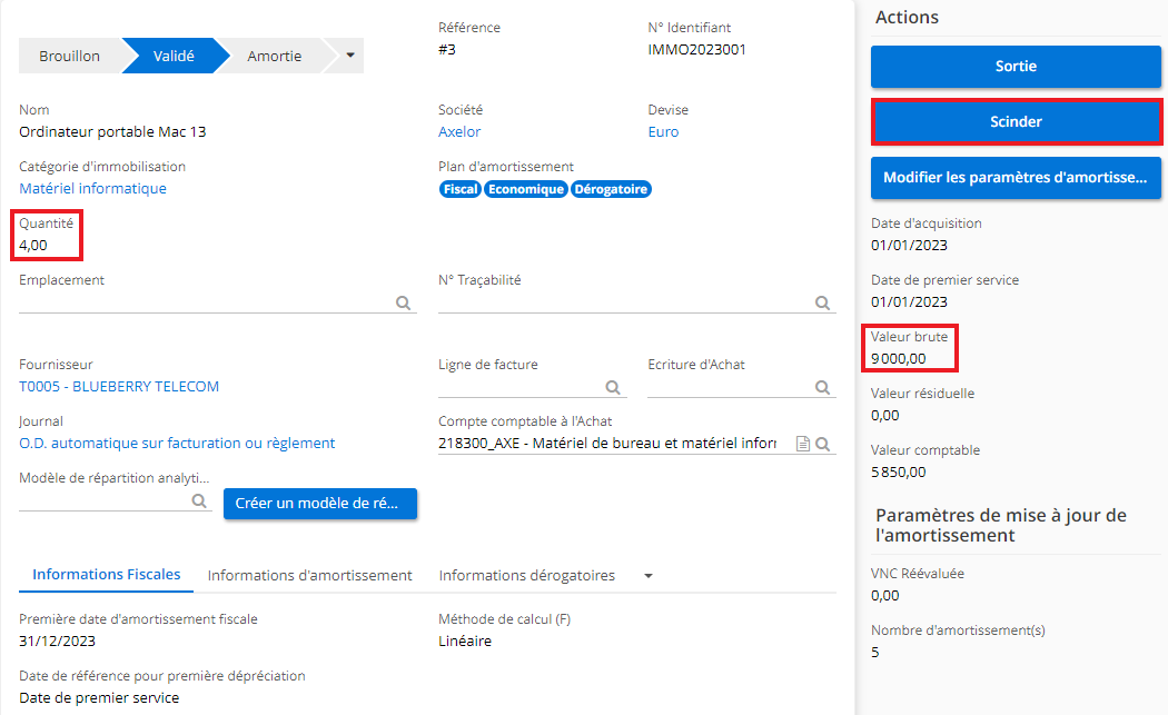 1.1. La fiche d’immobilisation à scinder (4 ordinateurs d’une valeur brute de 9000). Cliquez sur le bouton “Scinder” afin de scinder la fiche.