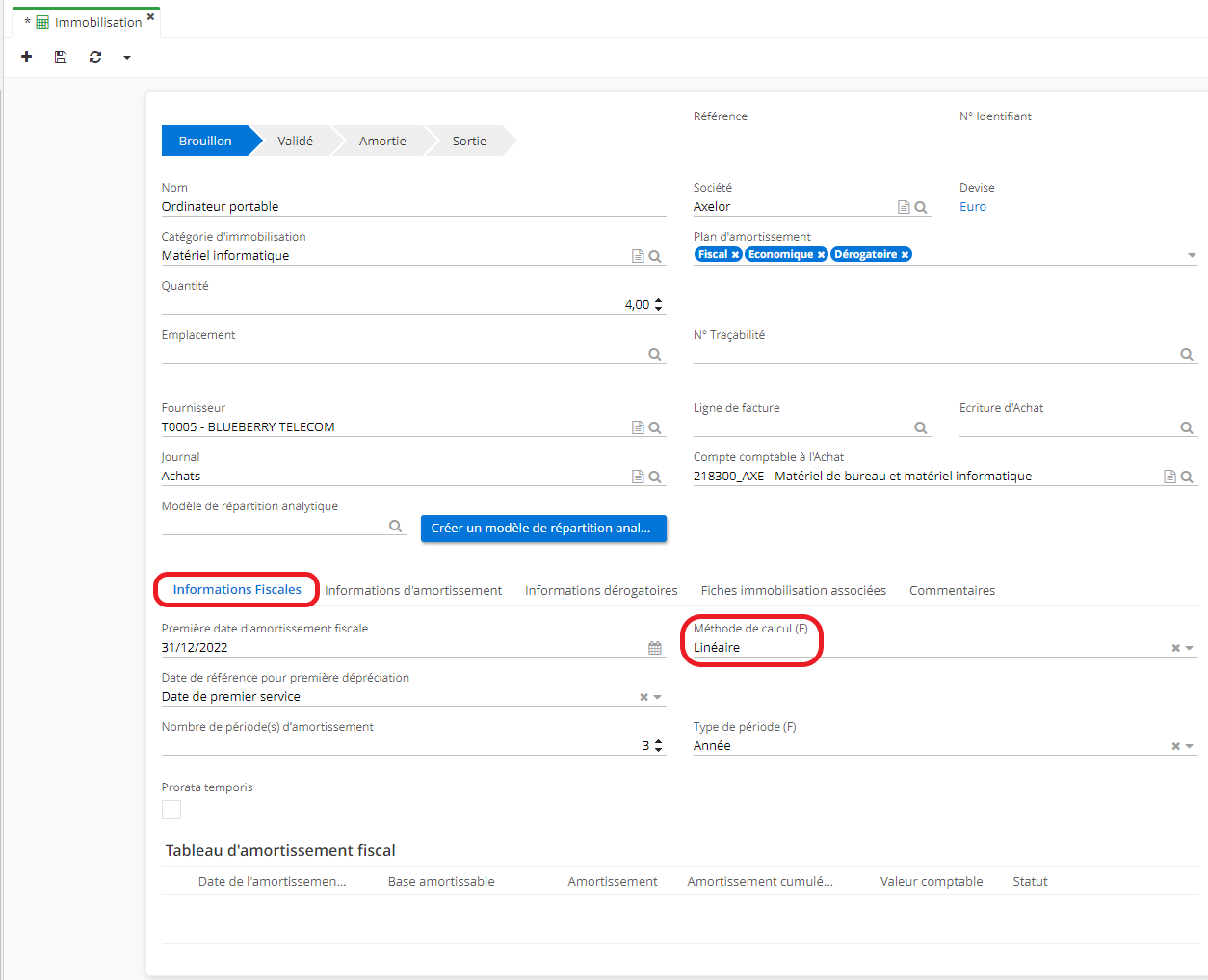 1.1. L’onglet “Informations fiscales” et son champ de “Méthode de calcul” (linéaire ou dégressif). Remarquez que les onglets avec des champs à renseigner apparaîtront une fois que vous avez complété la Catégorie d’immobilisation.