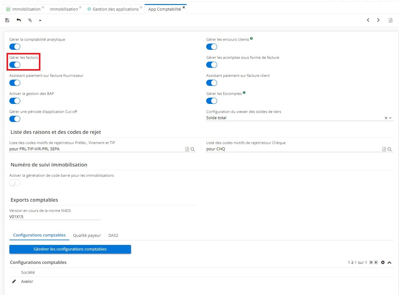 1.1. App Comptabilité. Cochez la case “Gérer les factors”.