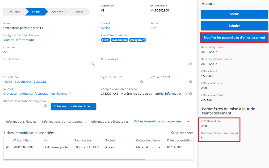 1.1. Sur la fiche d’immobilisation, cliquez sur le bouton “Modifier les paramètres d’amortissement” afin de renseigner la VNC et le Nombre d’amortissement.