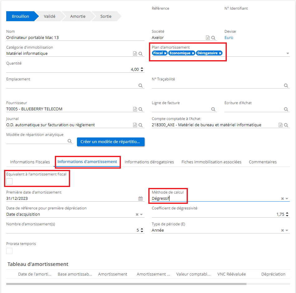 1.1. Sur la fiche d’immobilisation, sélectionnez plusieurs plans d’amortissement. Renseignez les informations nécessaires. Pour que le plan d’amortissement dérogatoire fonctionne, faites attention : dans l’onglet “Informations d’amortissement”, ne cochez pas la case “équivalent à l’amortissement fiscal” car si cette case est cochée, l’amortissement économique sera équivalent à l’amortissement fiscal. Le méthode de calcul a été défini comme “Dégressif” dans cet exemple. Pensez à indiquer le nombre d’amortissement (en années. Ici, c’est 5 ans).