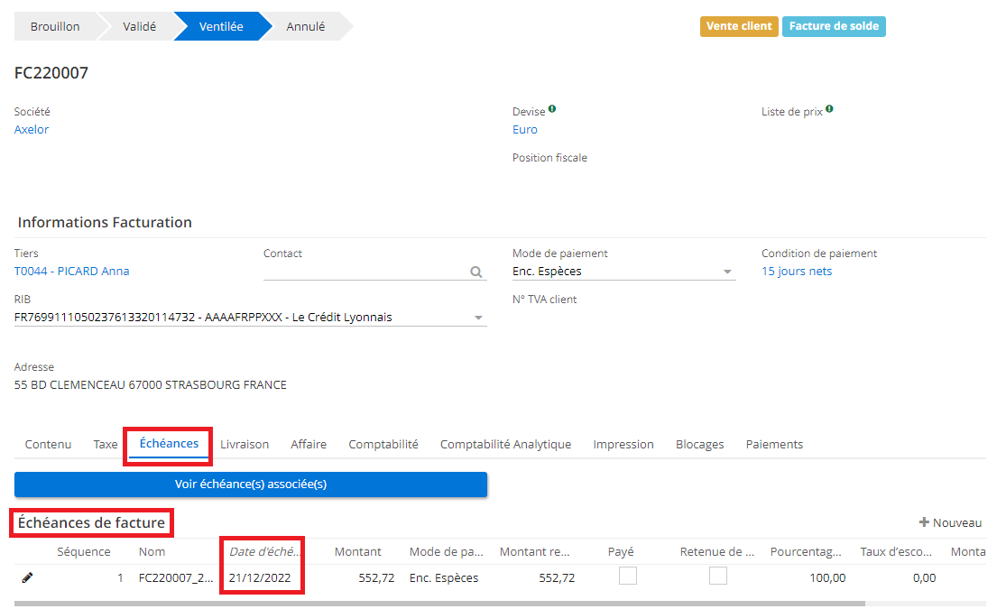 1.1. Date d’échéance sur la fiche de la facture (l’onglet Echéances).