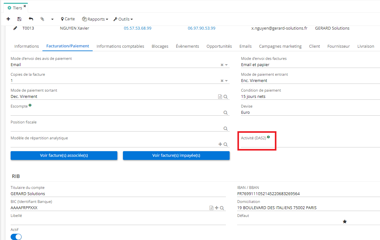 1.1. L’onglet de la Facturation/Paiement sur la fiche du Tiers, et le champ “Activité DAS2”.