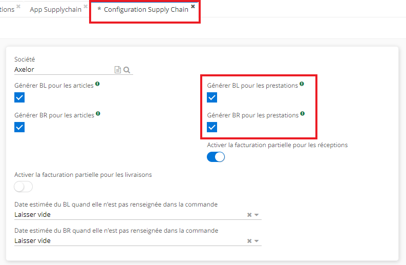 1.2. Sur la page Configuration Supply Chain, activez les cases “Générer BL pour les prestations”  et “Générer BR pour les prestations”. Enregistrez les modifications apportées.