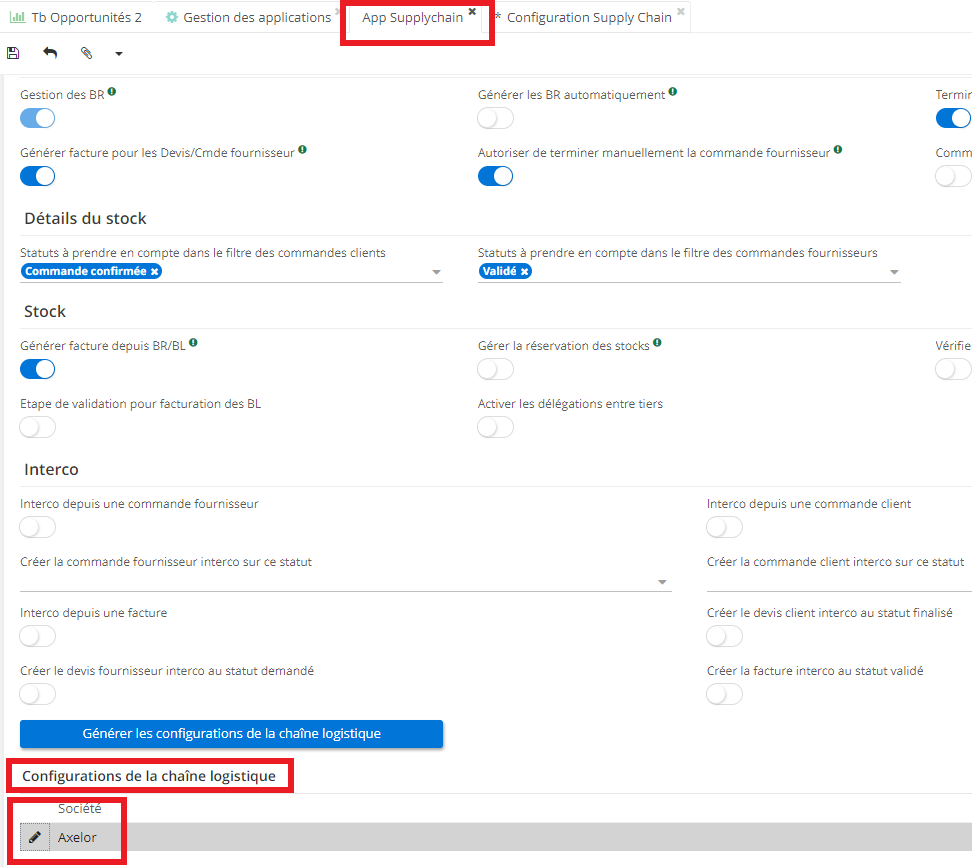 1.1. Sur la page AppSupplychain, dans la partie “Configuration de la chaîne logistique”, cliquez sur la Société afin d’ouvrir la page de la Configuration Supply Chain par société.