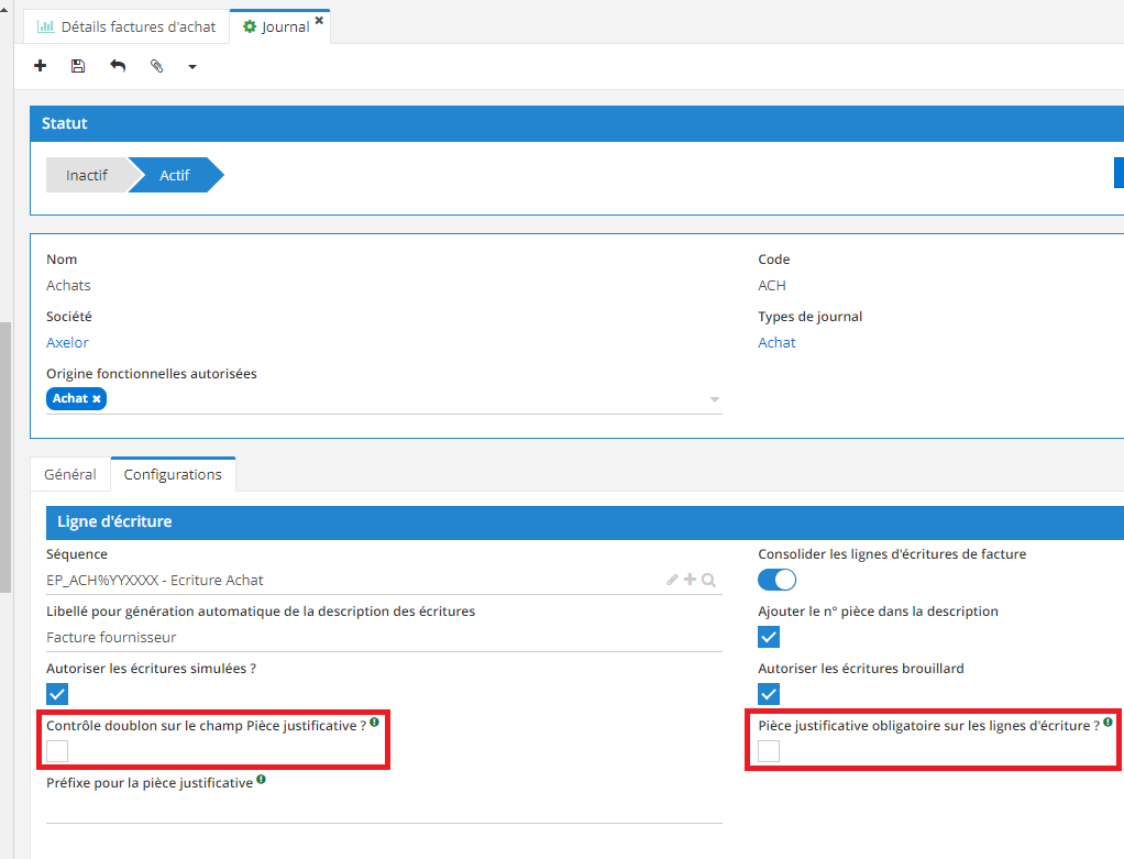 1.1. Sur la fiche du journal, cliquez sur l’onglet “Configurations”. Ensuite, vous pourrez cocher les cases “Contrôle doublon sur le champ Pièce justificative” et “Pièce justificative obligatoire sur les lignes d’écriture”.