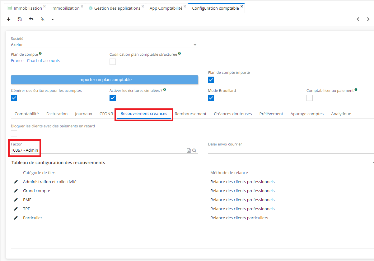 1.2. La page de Configuration Comptable et son onglet Recouvrement créances. En cliquant sur l’onglet “Recouvrement créances”, vous trouverez le champ de Factor qui permet de sélectionner le tiers qui sera le Factor.
