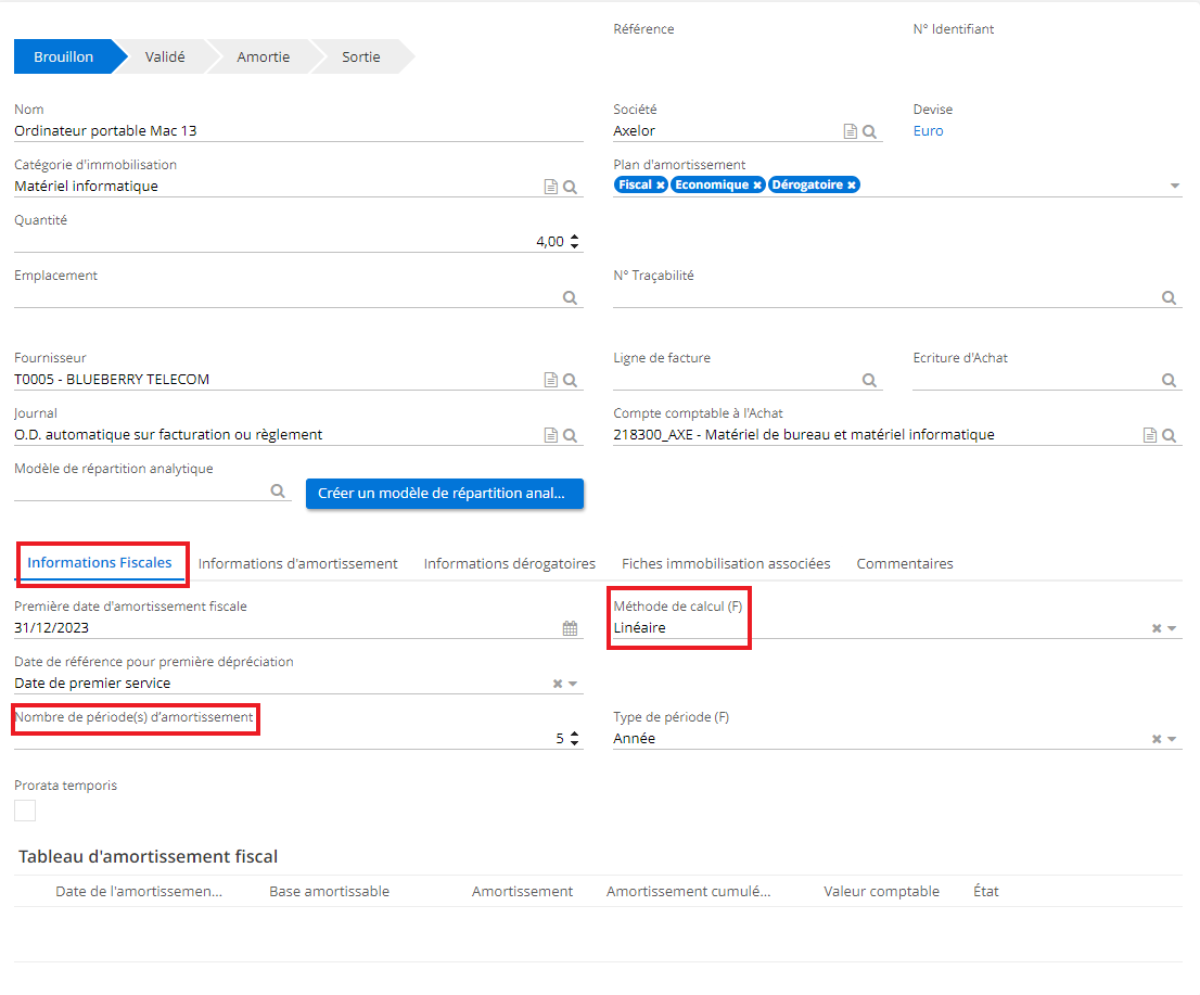 1.2. Dans l’onglet “Informations fiscales” la méthode de calcul a été définie comme “Linéaire”. Le nombre de période d’amortissement est égale à 5 ans (le même nombre que dans le plan économique, défini dans l’onglet informations d’amortissement).