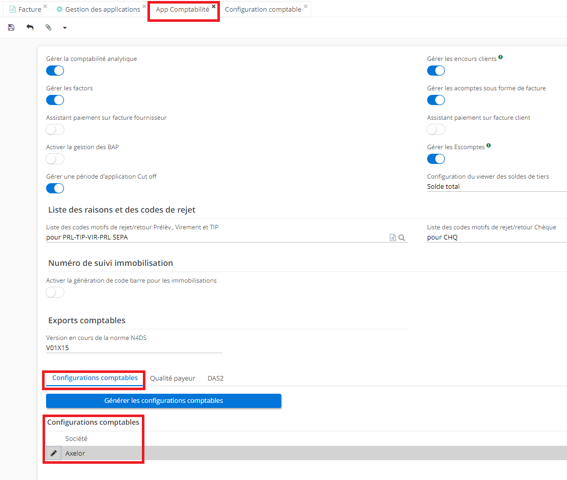 1.2. Sur la page d’App Comptabilité, l’onglet Configuration, cliquez sur la Société afin d’accéder à la page de Configuration comptable.