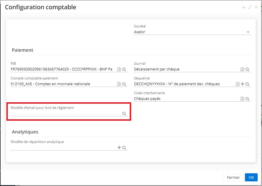 1.5. Le champ “Modèle d’email pour Avis de règlement” sur l’onglet Configuration Comptable (sur la fiche du Mode de paiement cliquez sur l’onglet Config.comptables générales → ensuite, cliquez sur la Société dans le tableau de Configurations Comptables afin d’ouvrir l’onglet Configuration Comptable qui contient le champ de Modèle d’email).