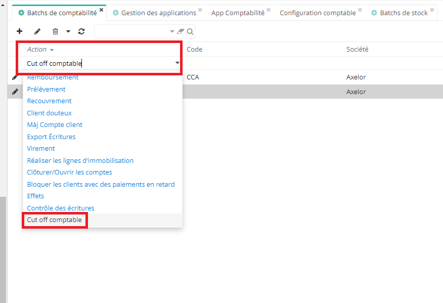 1.1. Champ “Action” et menu déroulant dans lequel vous pouvez sélectionner “Cut off comptable” pour afficher seulement les batchs de comptabilité concernés.