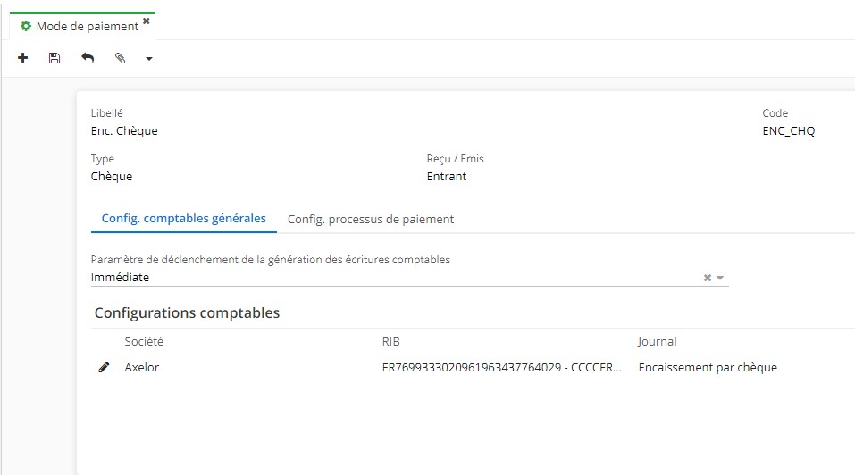 1.3. La fiche du mode de paiement “Encaissement par chèque”. Dans l’onglet “Configurations comptables générales” vous trouverez le champ “Paramètre de déclenchement de la génération des écritures comptables”.