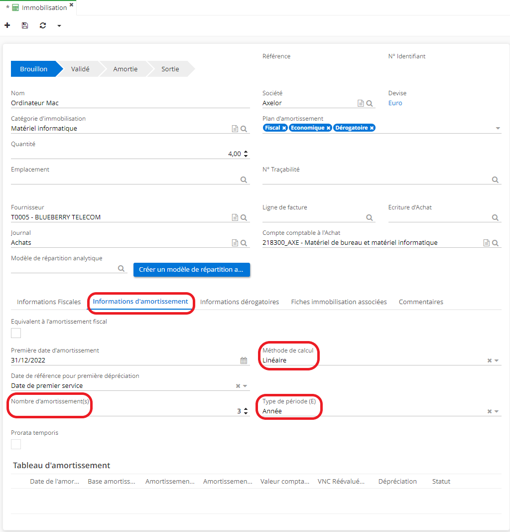1.2. L’onglet “Informations d’amortissement”.