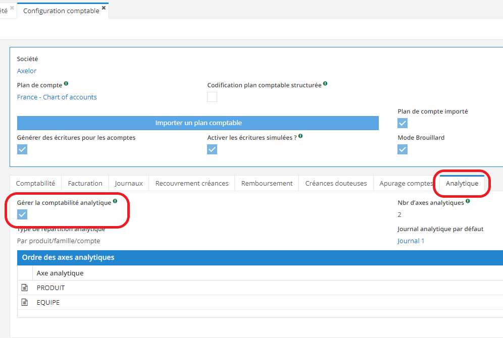 1.2. La page de la Configuration Comptable et l’onglet Analytique. En cliquant sur cet onglet, vous pouvez activer la case “Gérer la comptabilité analytique”.