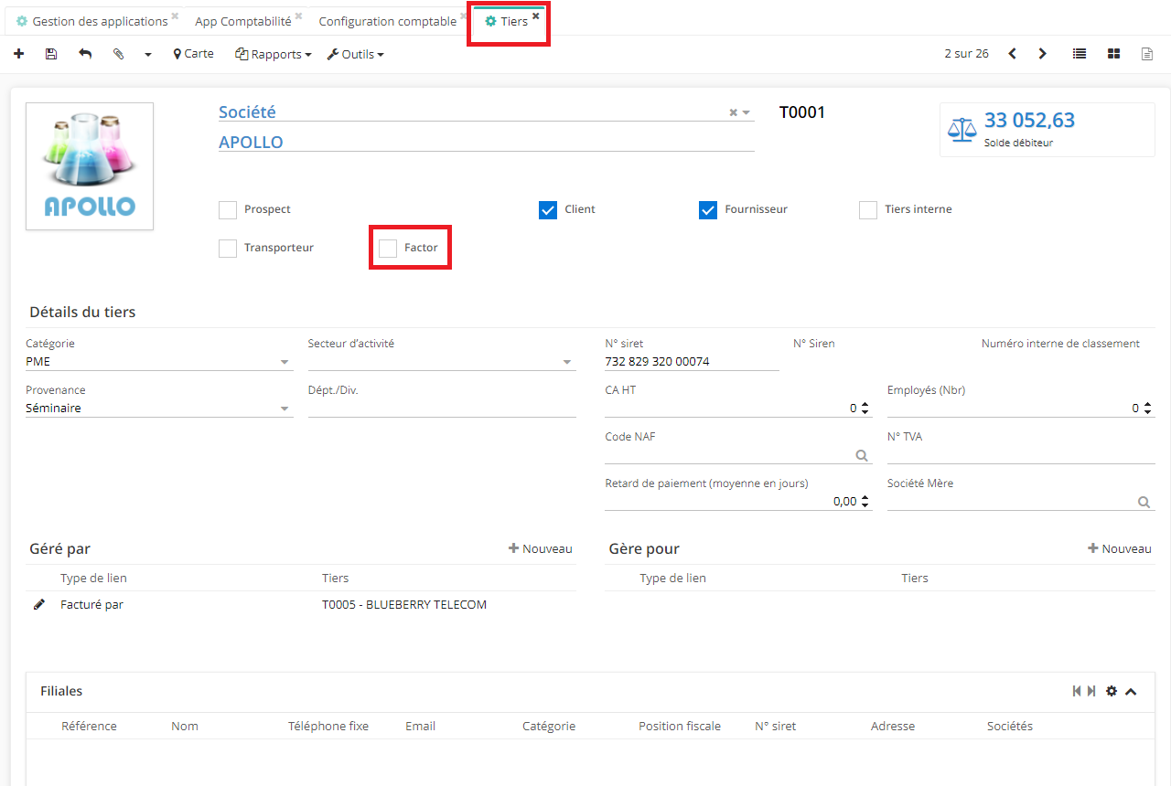 1.4. Activez la case “Factor” sur la fiche de tiers afin de pouvoir utiliser ce tiers dans les futures opérations.