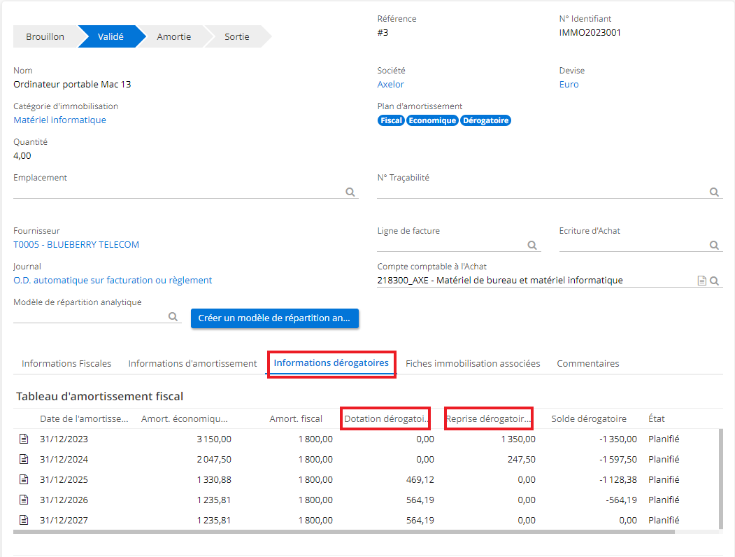 1.3. Cliquez sur l’onglet “Informations dérogatoires” et consultez les colonnes “Dotation dérogatoire” et “Reprise dérogatoire” dans le tableau d’amortissement fiscal.