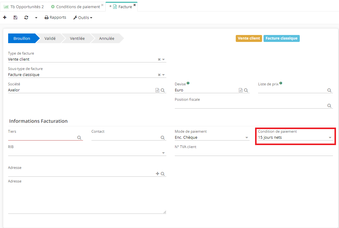 1.4. Le champ “Conditions de paiement” sur la fiche de facture.