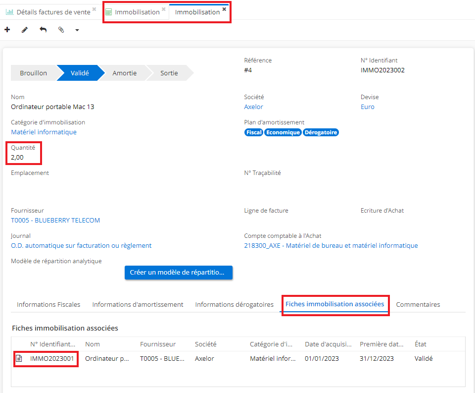 1.3. Dès que les fiches ont été scindé, vous allez constater qu’une nouvelle fiche d’immobilisation vient d’être créée et que désormais deux fiches distinctes sont ouvertes  en même temps. Vous allez également remarquer que la quantité est passée de 4 à 2 ordinateurs. Vu que c’est toujours un seul achat, les deux fiches restent liées. Vous pouvez consulter les fiches liées dans l’onglet “Fiches immobilisation associées”.