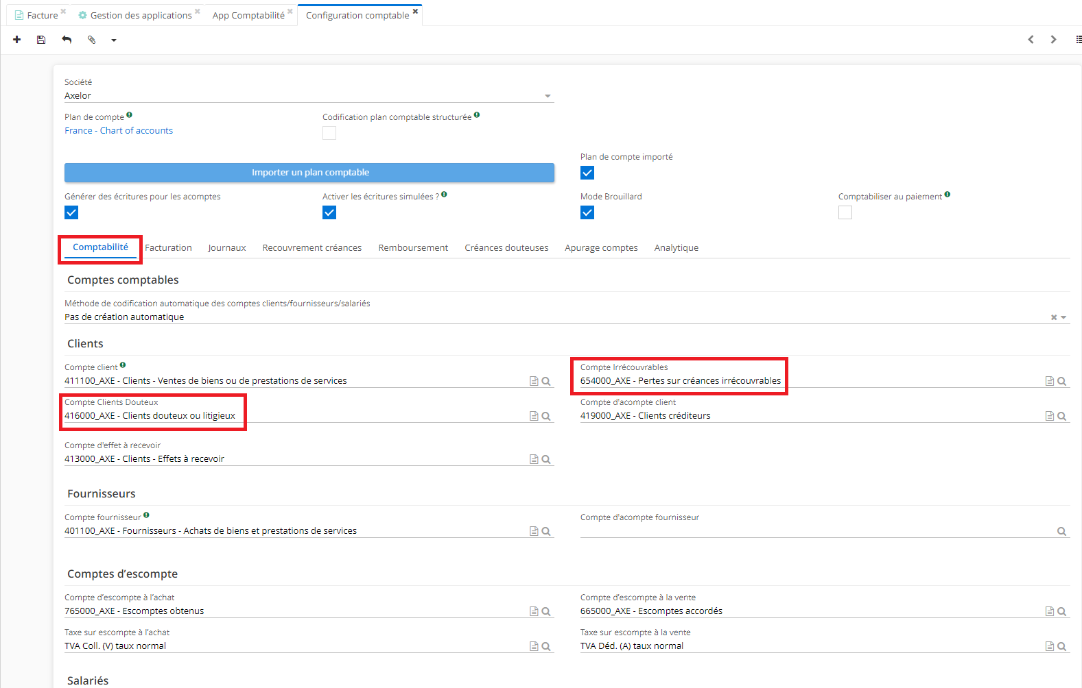 1.3. La page de Configuration Comptable. Sur l’onglet Comptabilité, dans la partie Clients, vous trouverez les champs “Compte Client douteux” et “Compte irrécouvrable”.