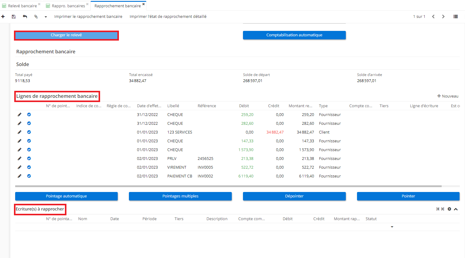 1.3. La fiche du rapprochement bancaire. Une fois que vous avez cliqué sur le bouton “Charger le relevé”, des Lignes de rapprochement bancaire vont apparaître. Les boutons “Comptabilisation automatique”, “Pointage automatique”, “Pointages multiples”, “Dépointer”, “Pointer” vont également apparaître.