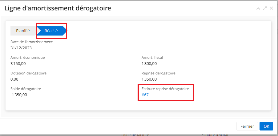 1.4. Si vous cliquez sur une Ligne dans le tableau d’amortissement (l’onglet Informations dérogatoires), vous allez ouvrir une nouvelle fenêtre nommée “Ligne d’amortissement dérogatoire”. Sur cette fenêtre il est possible de consulter “Ecriture reprise dérogatoire” en cliquant sur l’écriture générée (pour que l’écriture soit générée, il faut que la ligne d’amortissement ait le statut “réalisée”).