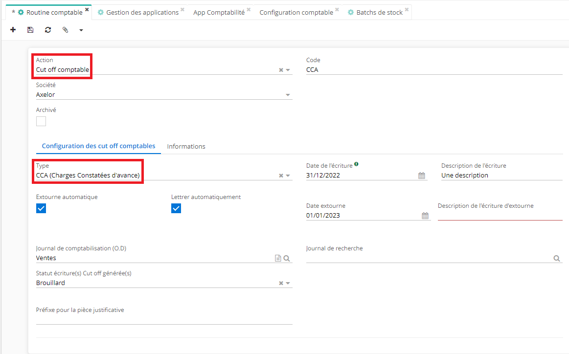 1.2. Sur la fiche de la routine comptable, renseignez les champs Action, Type, Journal de comptabilisation etc.